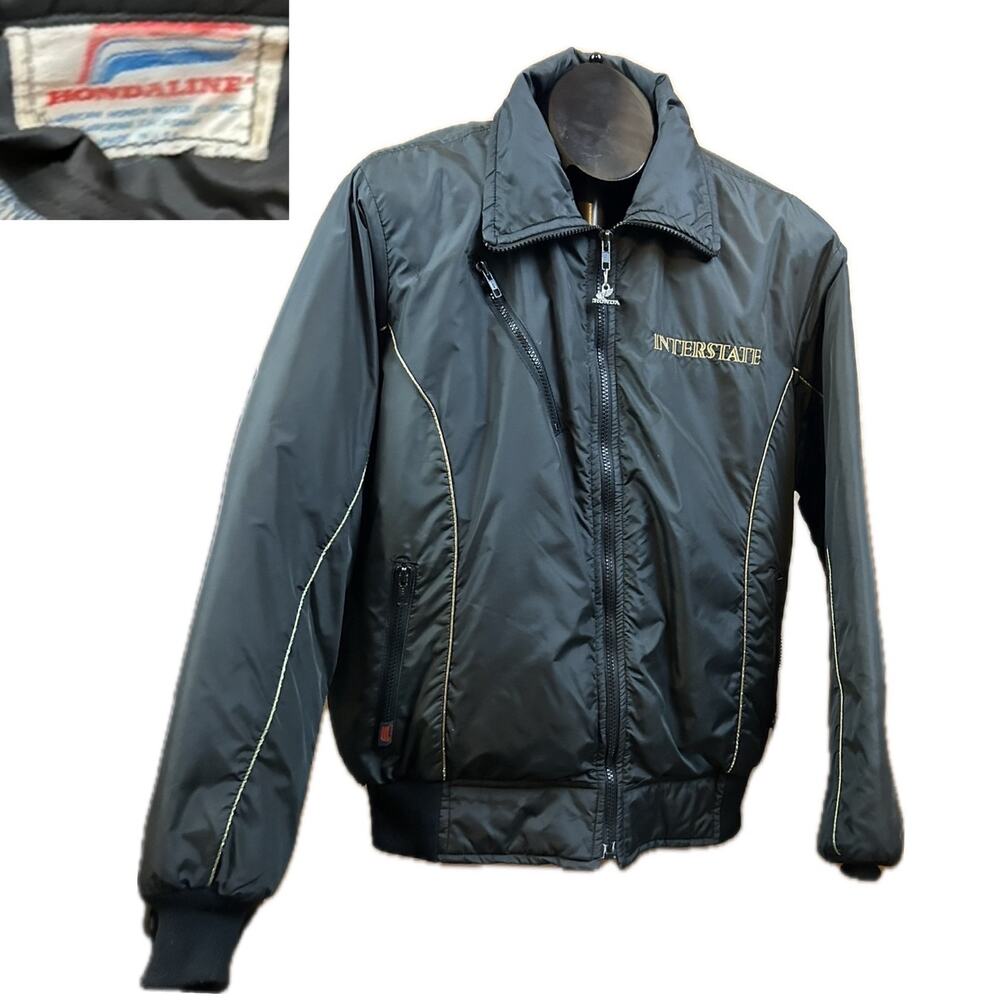 Vintage HondaLine Interstate Puffer Jacket Mens L Black Quilted Honda Zip -